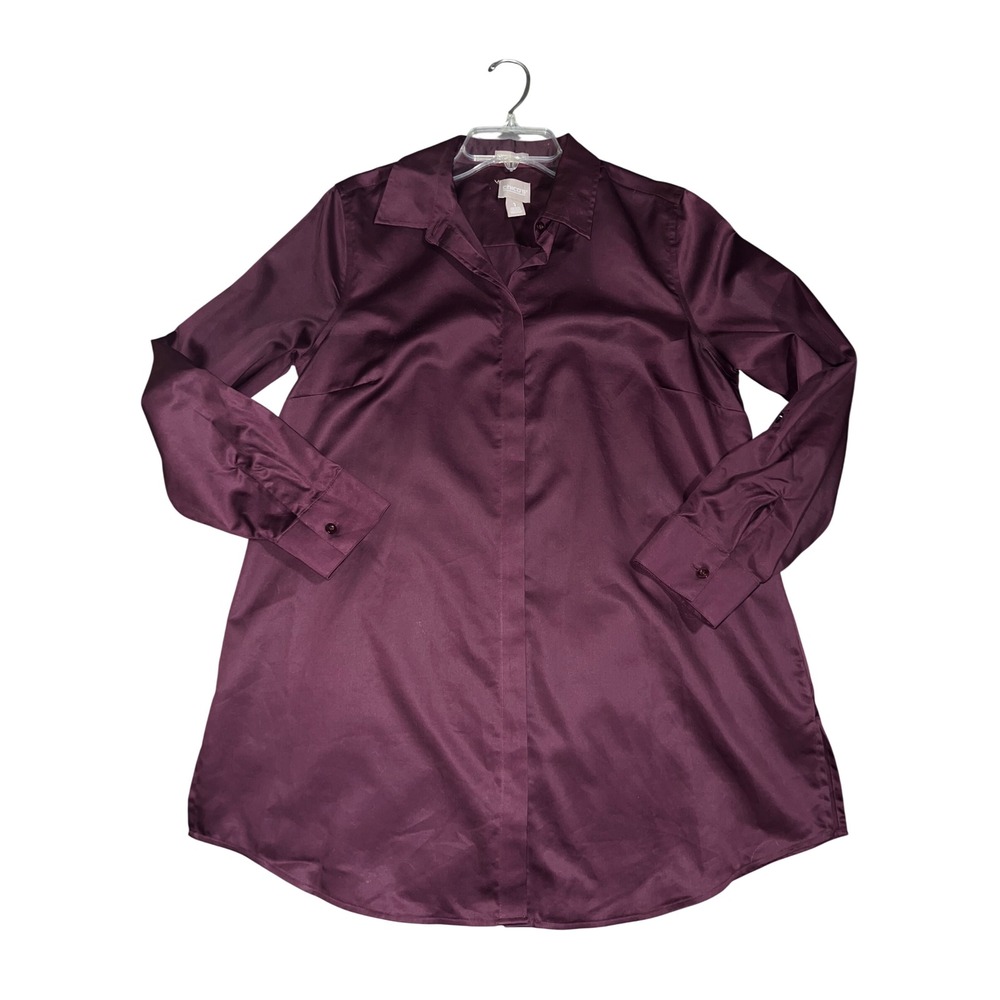 Chico's Plum Purple Sateen Roll Tab Long Sleeve Button Down Tunic Top Size (1) M - Picture 8 of 11